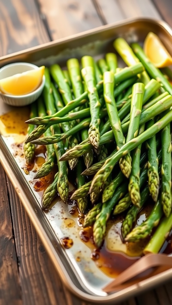 Baked asparagus spears on a wooden table with lemon wedges.